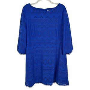 Chico’s 3 Cobalt Blue Crochet Lace 3/4 Sleeve  Knee Length Shift Dress Womens 16